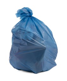 Photo of Full light blue garbage bag isolated on white