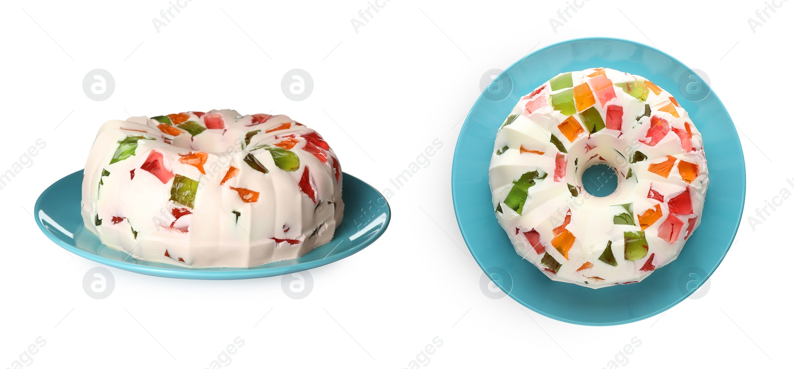 Image of Delicious broken glass jelly cakes on white background, collage. Banner design