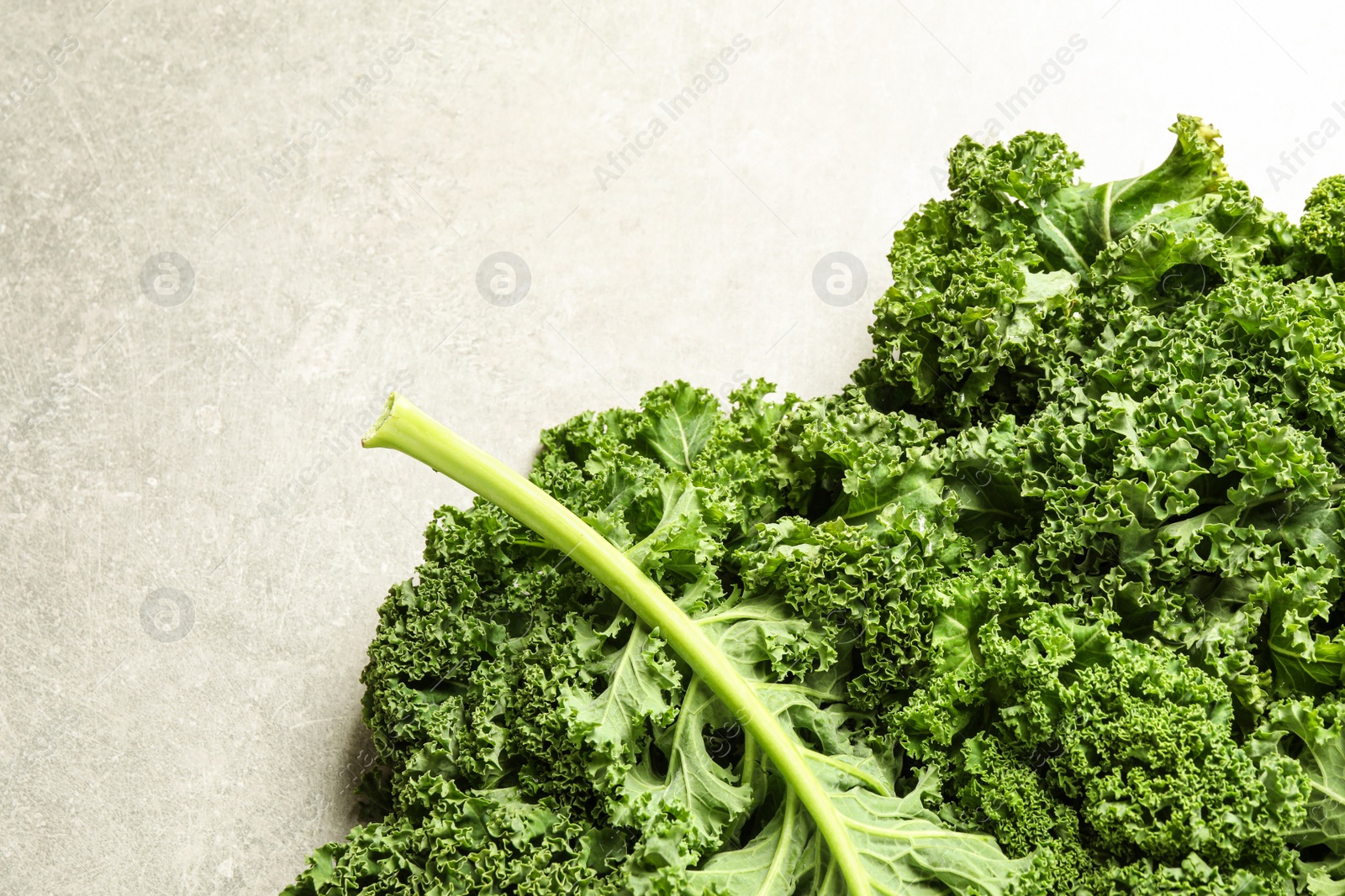 Photo of Fresh kale leaves on light grey table, top view