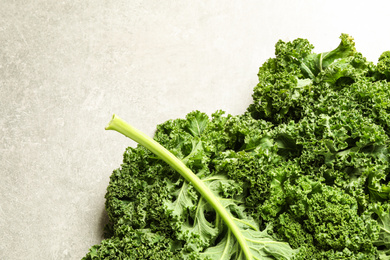 Photo of Fresh kale leaves on light grey table, top view