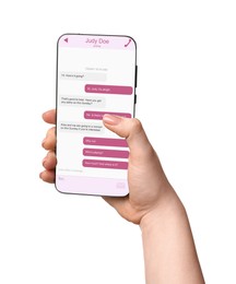 Image of Woman texting via mobile phone on white background, closeup. Device screen with messages