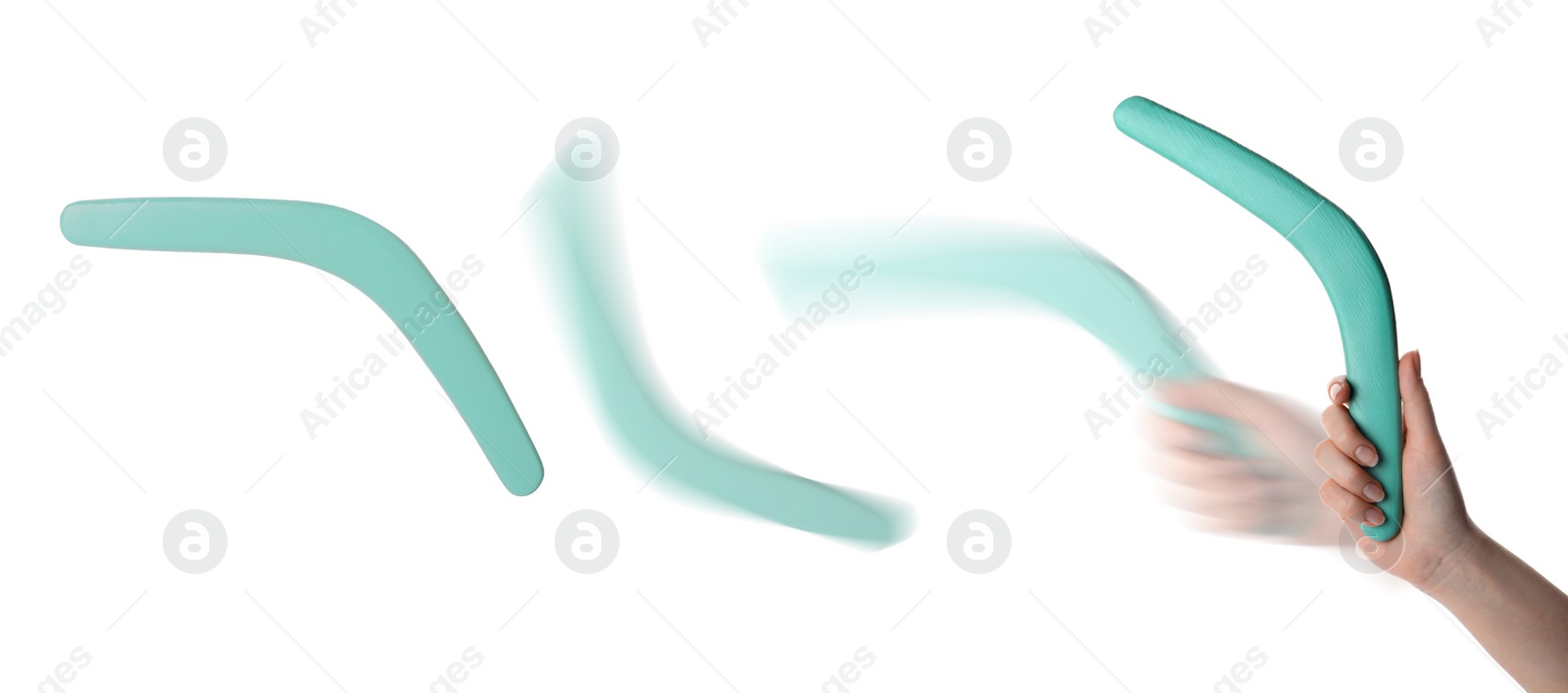 Image of Woman throwing turquoise boomerang on white background, closeup. Banner design