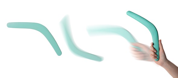 Woman throwing turquoise boomerang on white background, closeup. Banner design