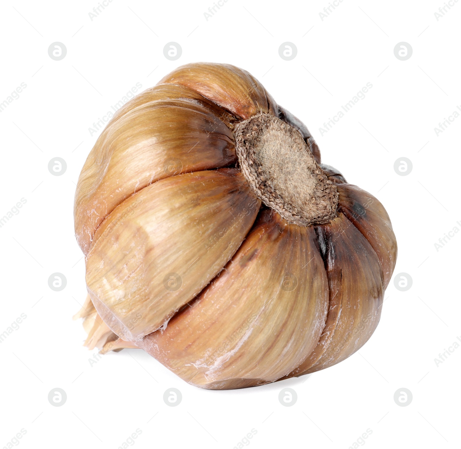 Photo of Bulb of black garlic on white background