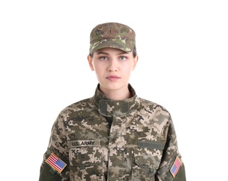 Photo of Female soldier on white background. Military service