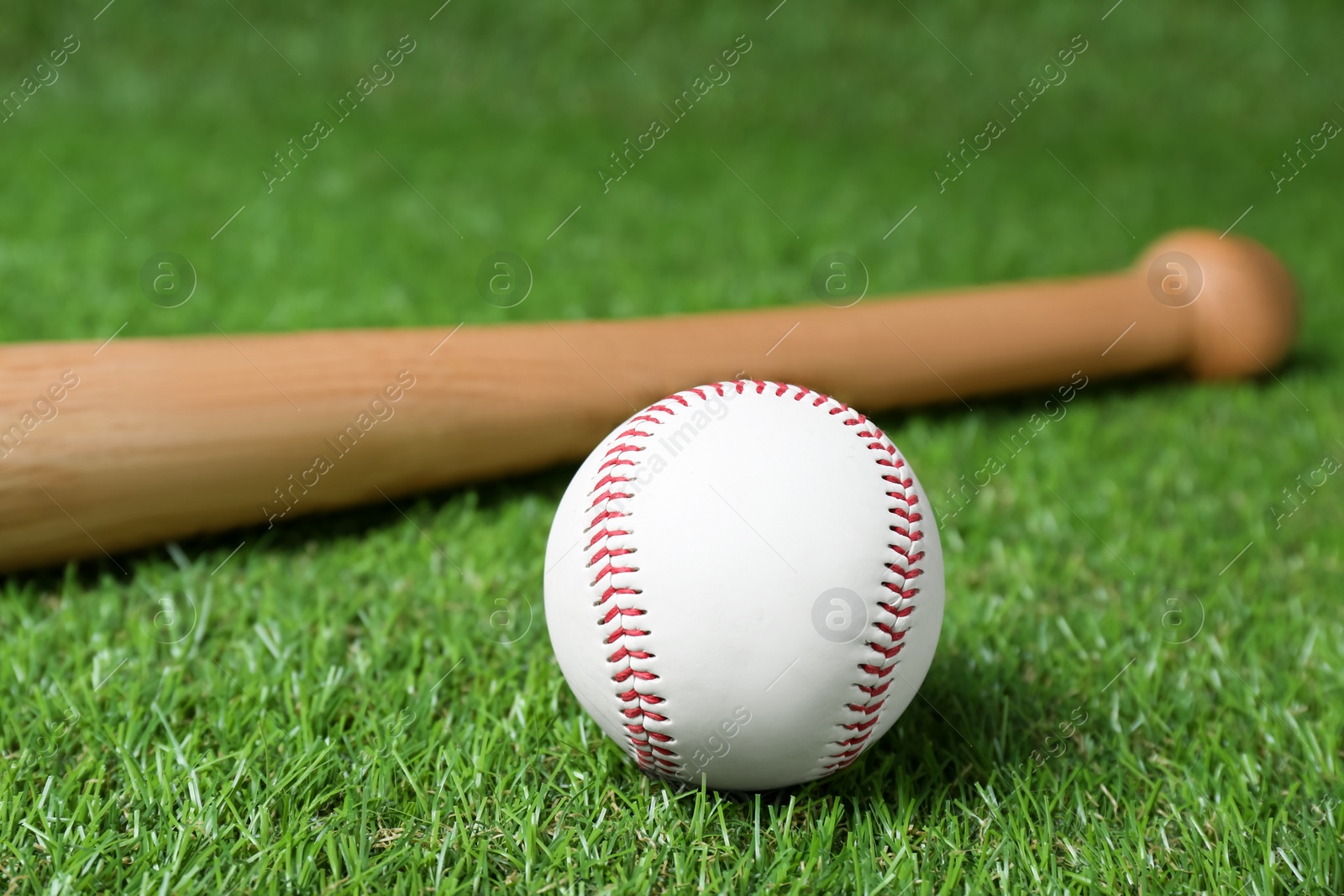 Photo of Wooden baseball bat and ball on green grass. Sports equipment