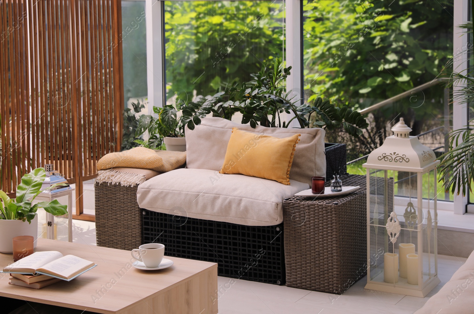 Photo of Indoor terrace interior with modern furniture and houseplants