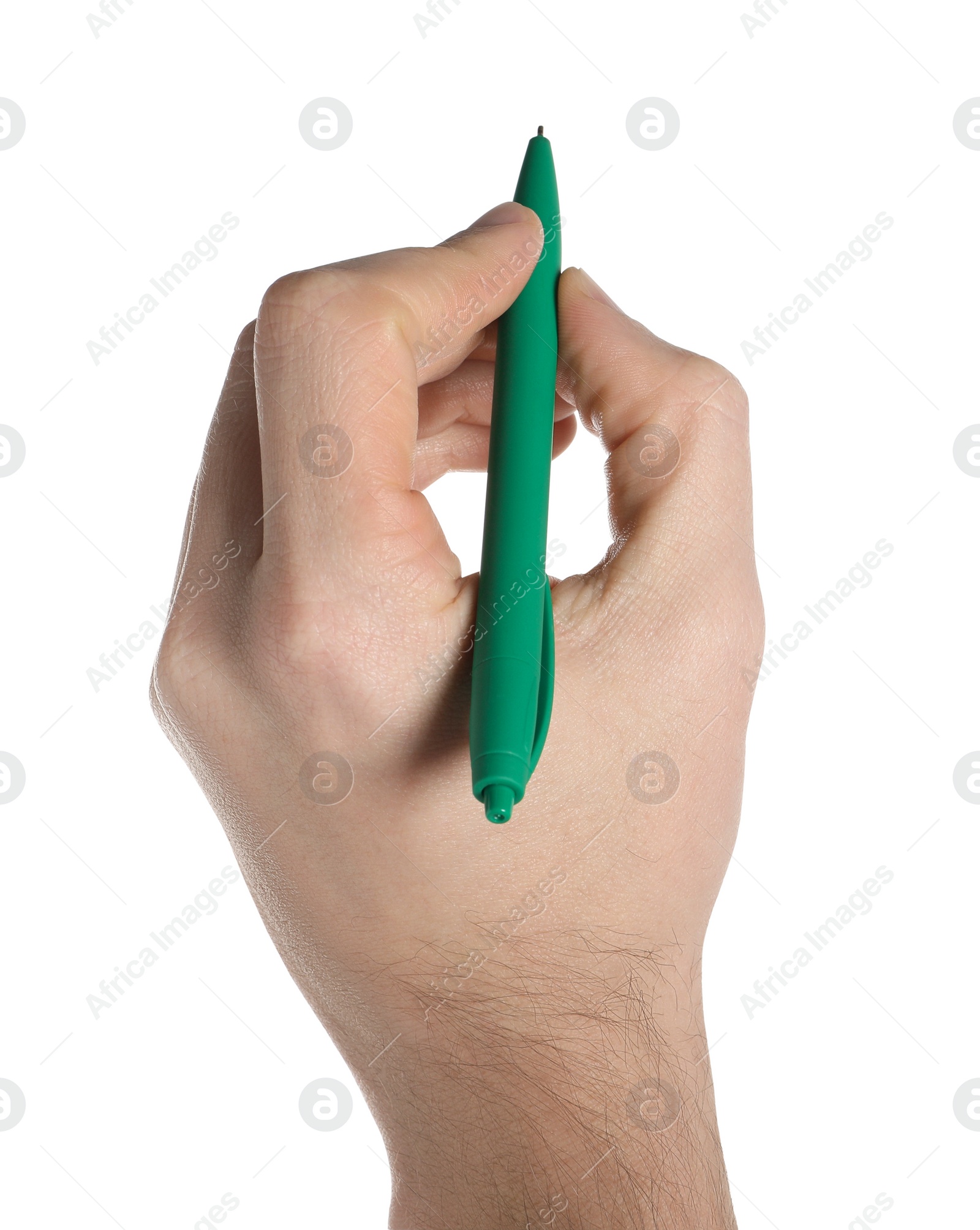 Photo of Man holding pen on white background, closeup of hand