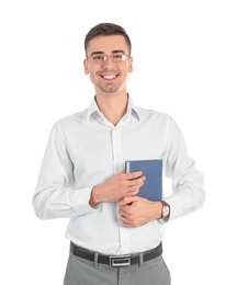 Photo of Young male teacher with book on white background