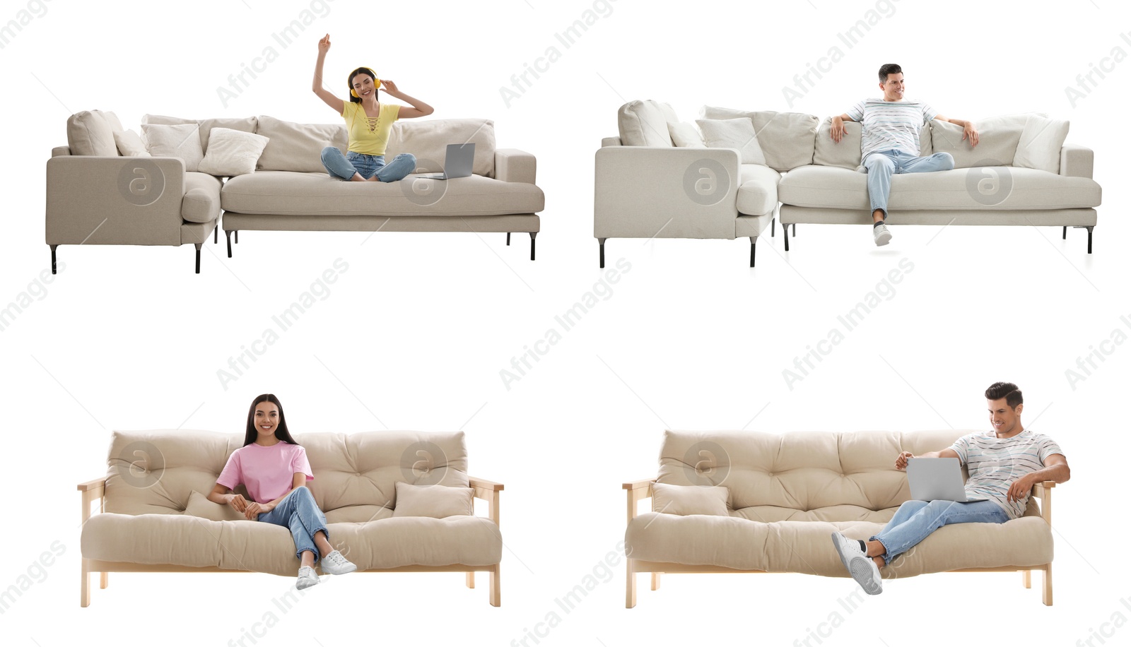 Image of People resting on different stylish sofas against white background, collage