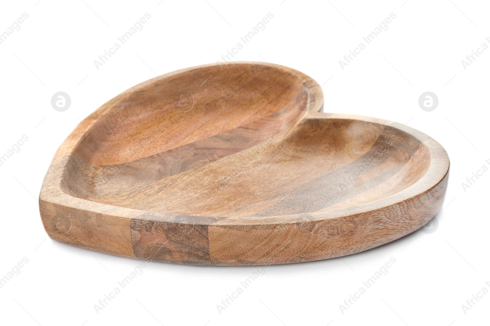 Photo of Heart shaped wooden tray isolated on white