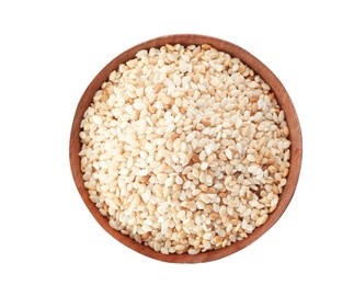 Photo of Bowl with sesame seeds on white background, top view. Different spices