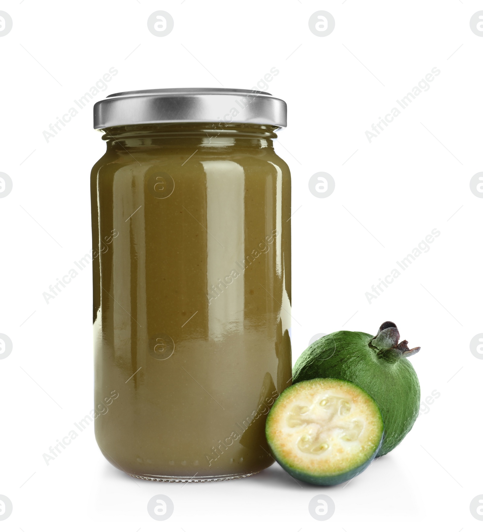 Photo of Feijoa jam in glass jar and fruits on white background