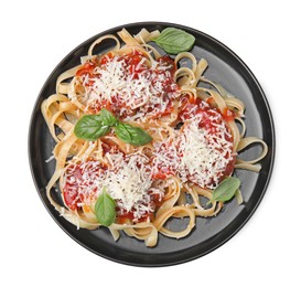 Delicious pasta with tomato sauce, basil and parmesan cheese isolated on white, top view
