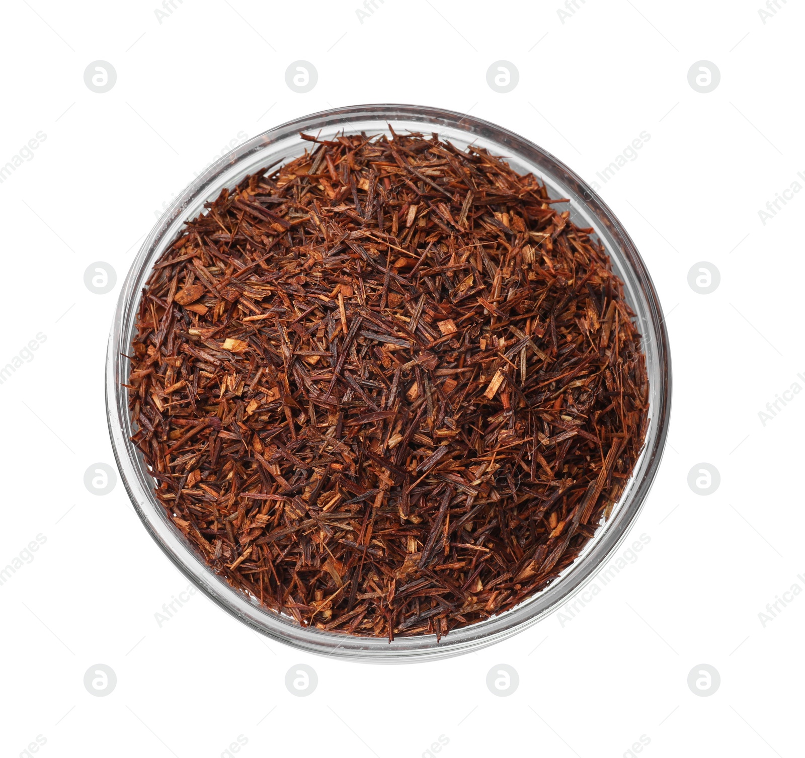 Photo of Rooibos tea in bowl isolated on white, top view