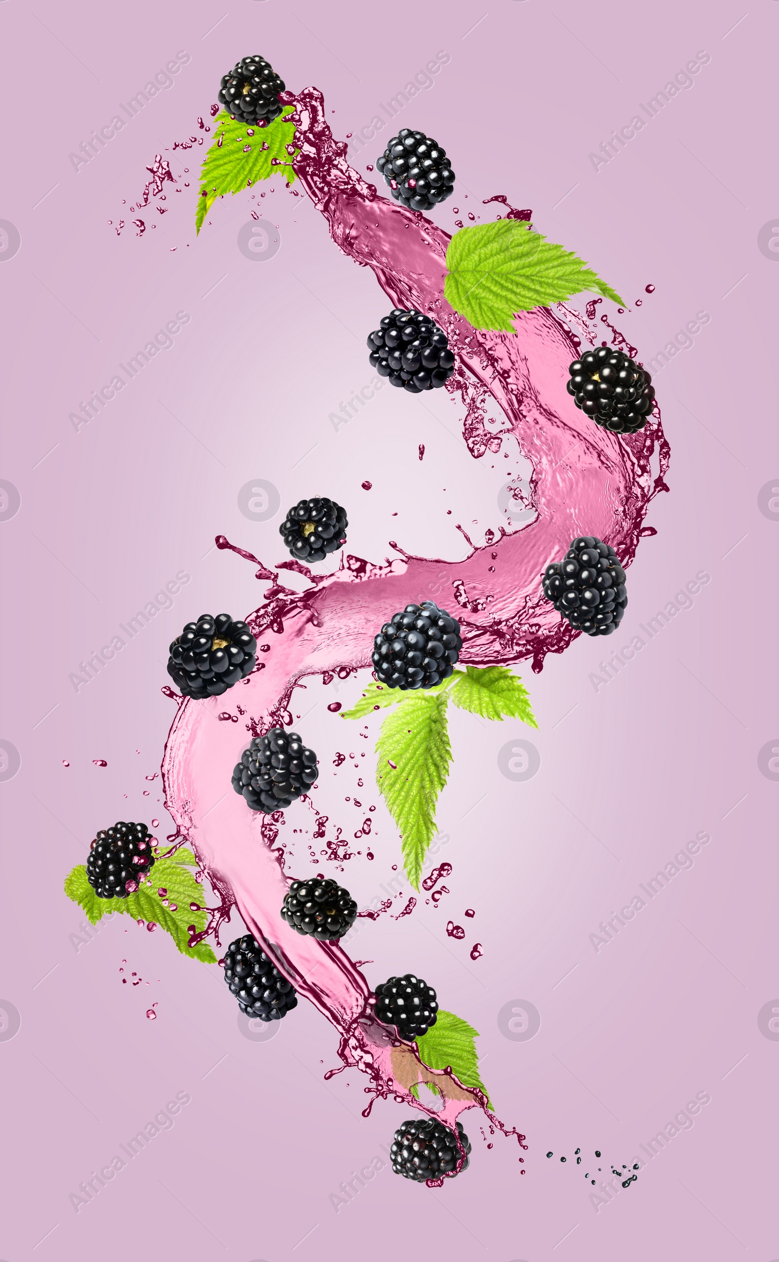 Image of Fresh blackberries and juice in air on violet background