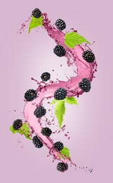 Image of Fresh blackberries and juice in air on violet background