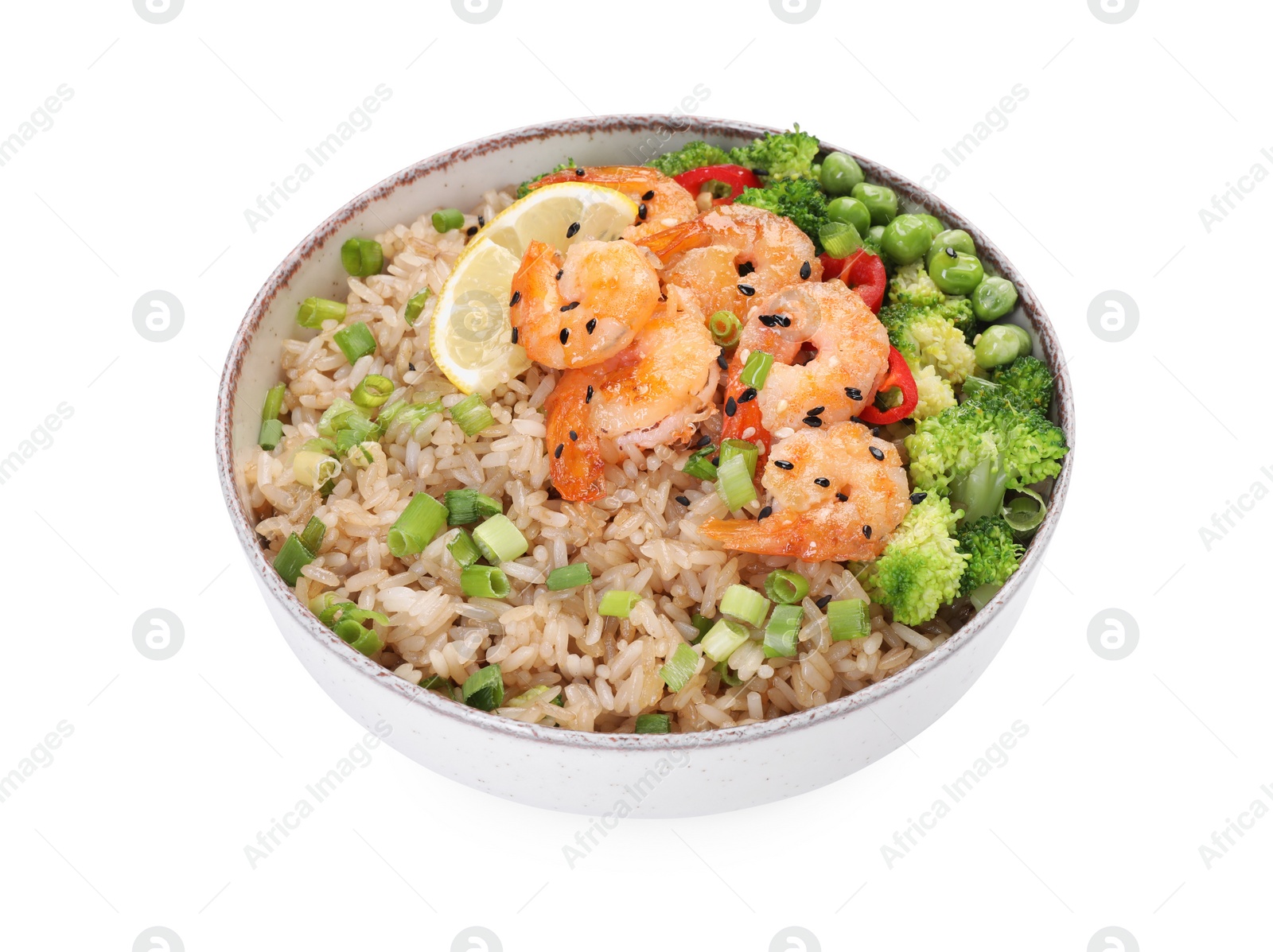 Photo of Tasty rice with shrimps and vegetables in bowl isolated on white