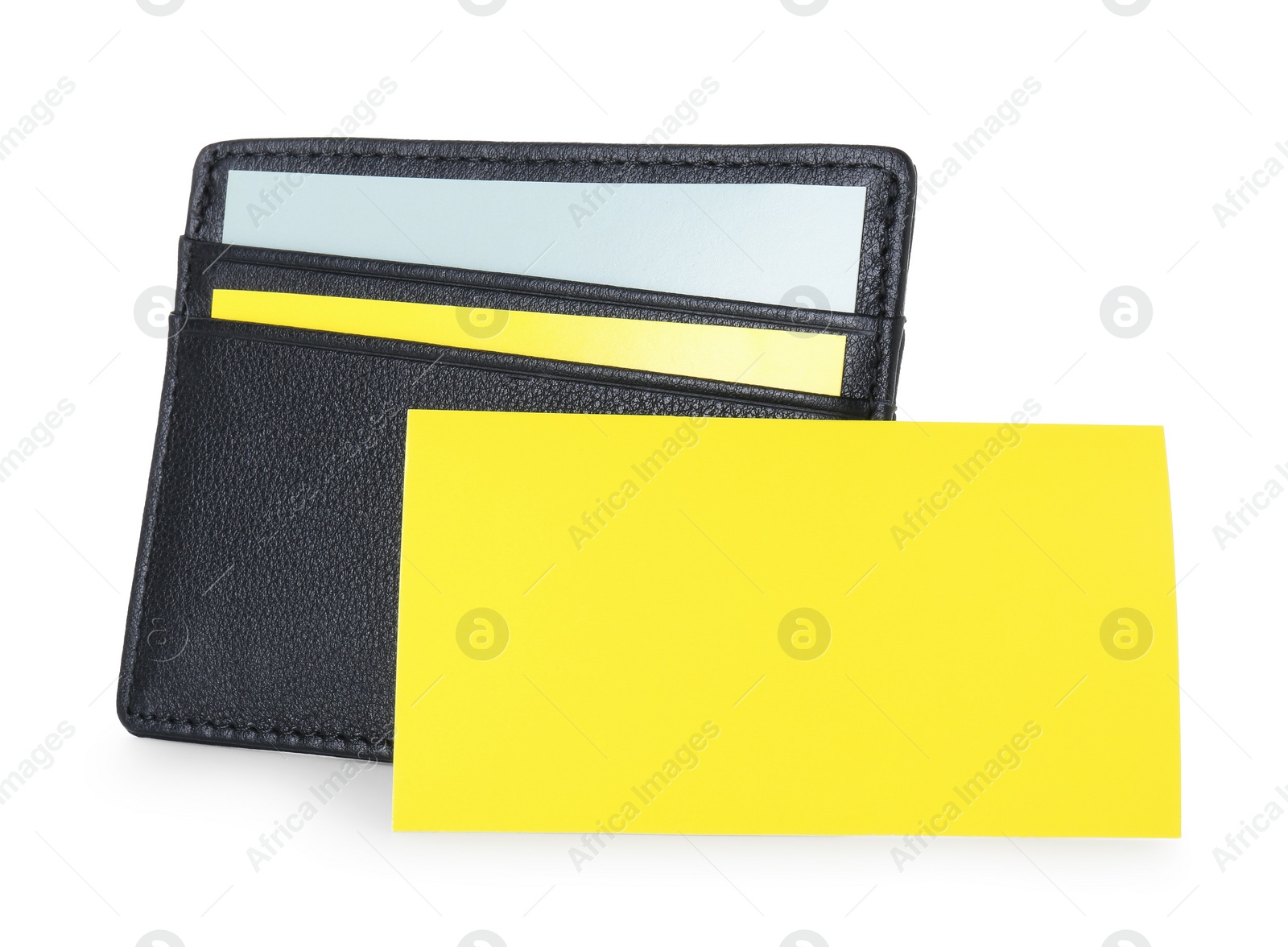 Photo of Black business card holder with cards isolated on white