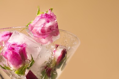 Photo of Ice cubes with frozen flowers in martini glass on beige background, closeup. Space for text