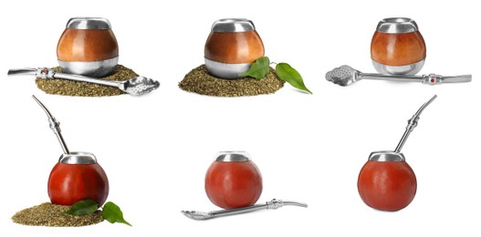 Image of Set with calabashes with mate tea and bombillas on white background