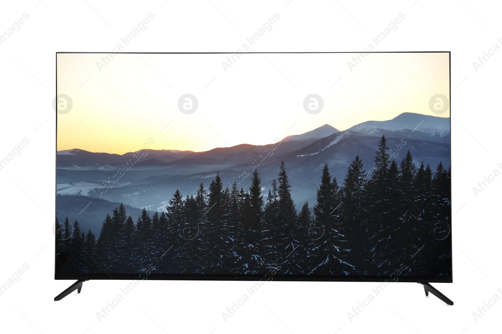 Image of Modern wide screen TV monitor showing beautiful mountain landscape isolated on white