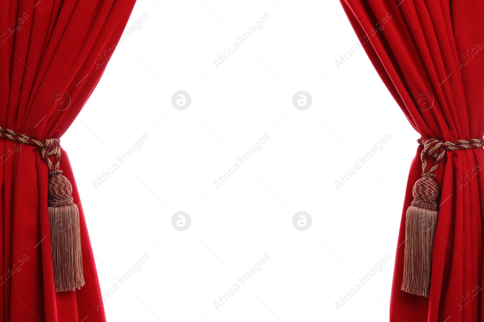 Photo of Open elegant red front curtains on white background