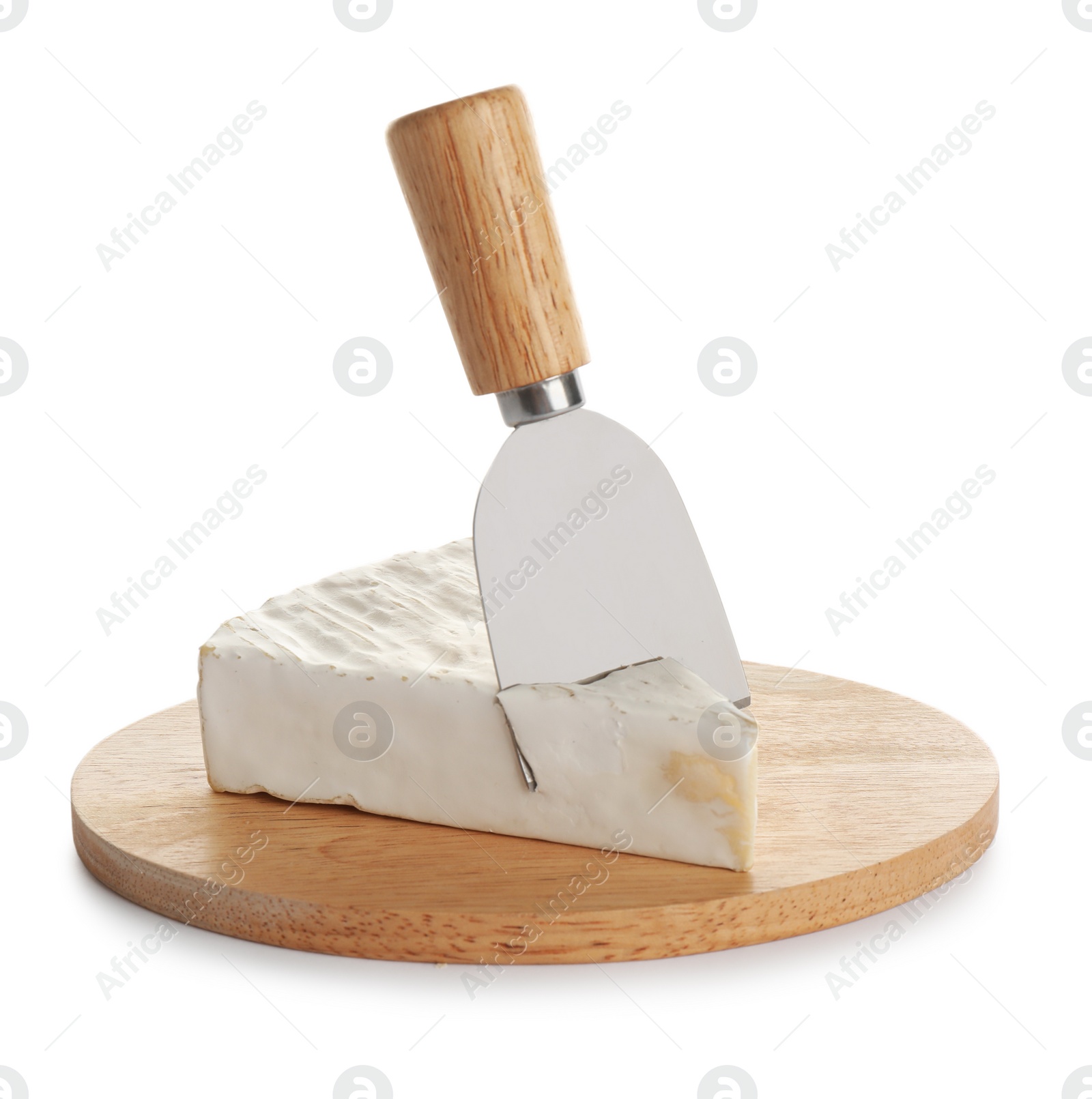 Photo of Delicious Brie cheese and knife on white background
