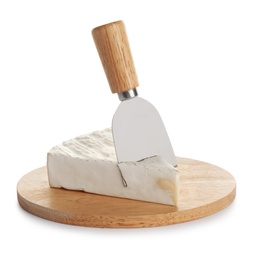 Photo of Delicious Brie cheese and knife on white background