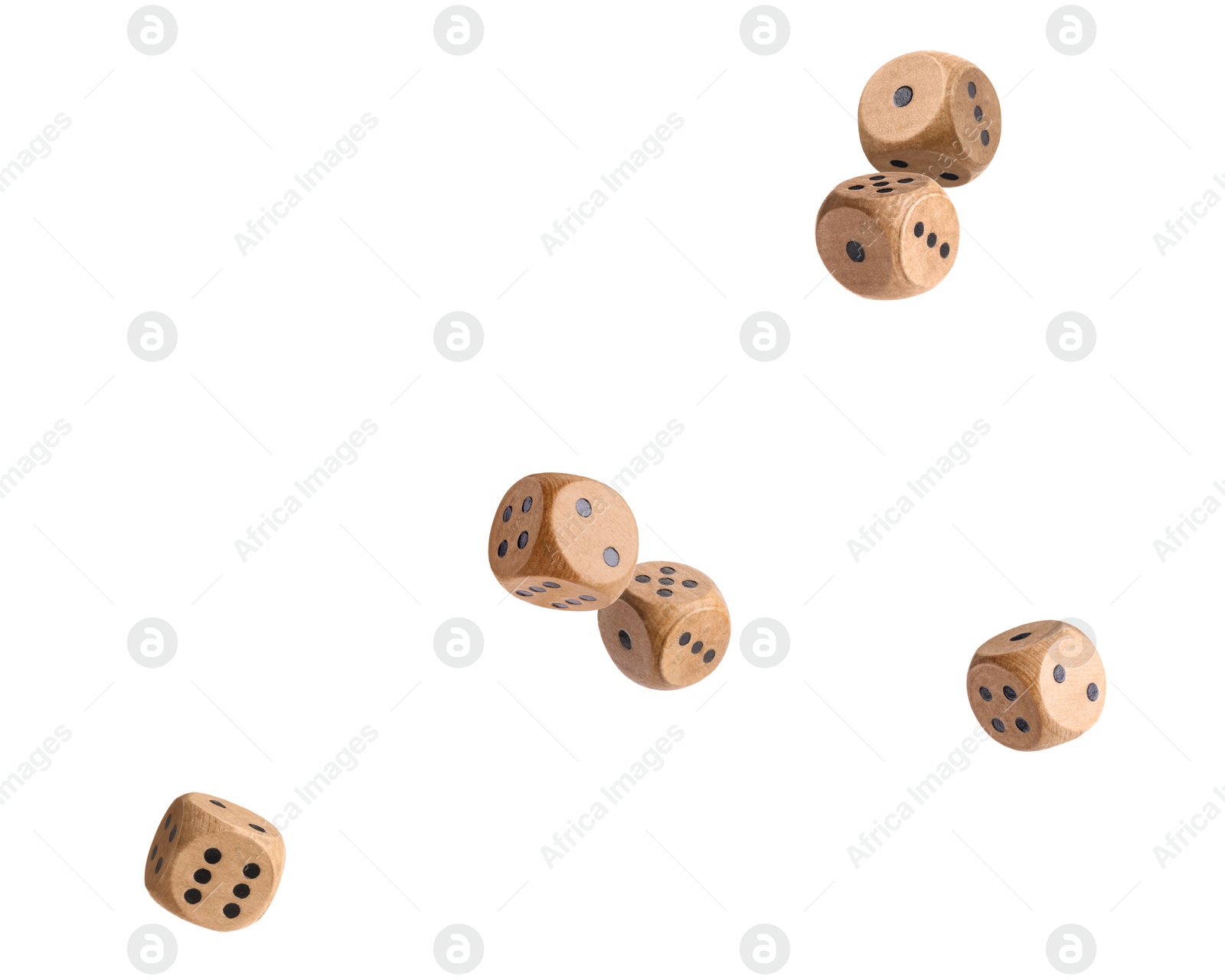 Image of Six wooden dice in air on white background