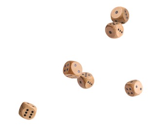 Six wooden dice in air on white background