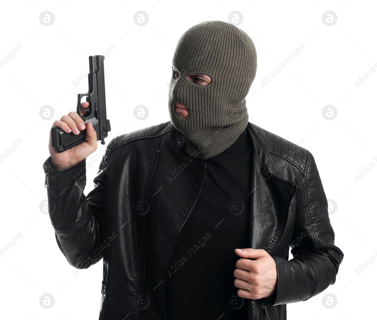 Photo of Man wearing knitted balaclava with gun on white background