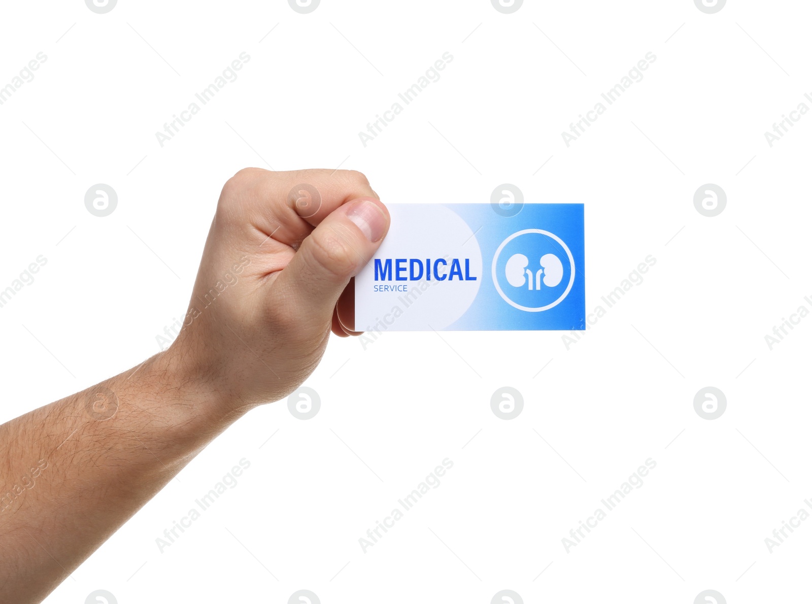 Photo of Man holding medical business card isolated on white, closeup. Nephrology service