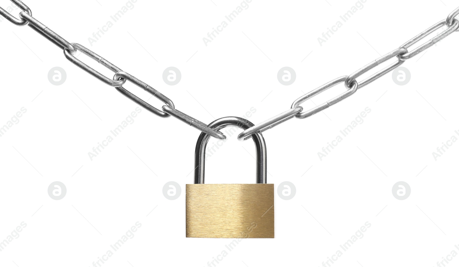 Photo of Steel padlock and chain isolated on white