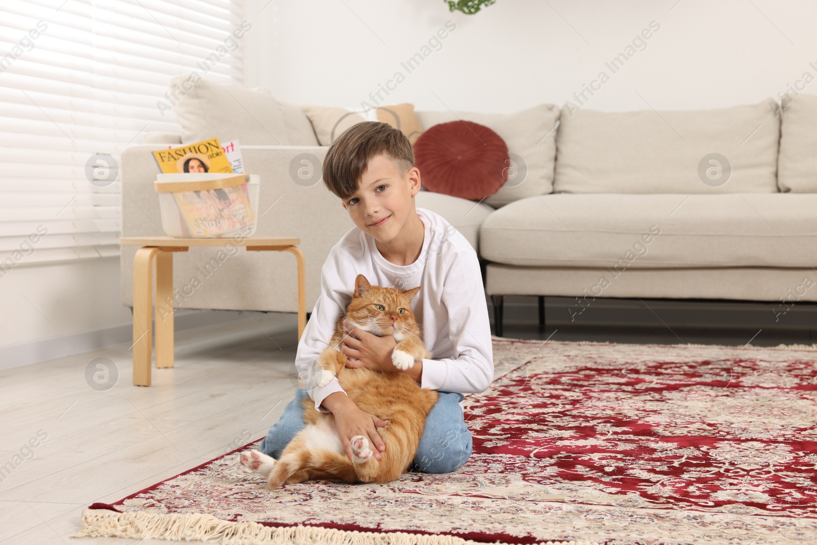 Photo of Little boy with cute ginger cat on carpet at home