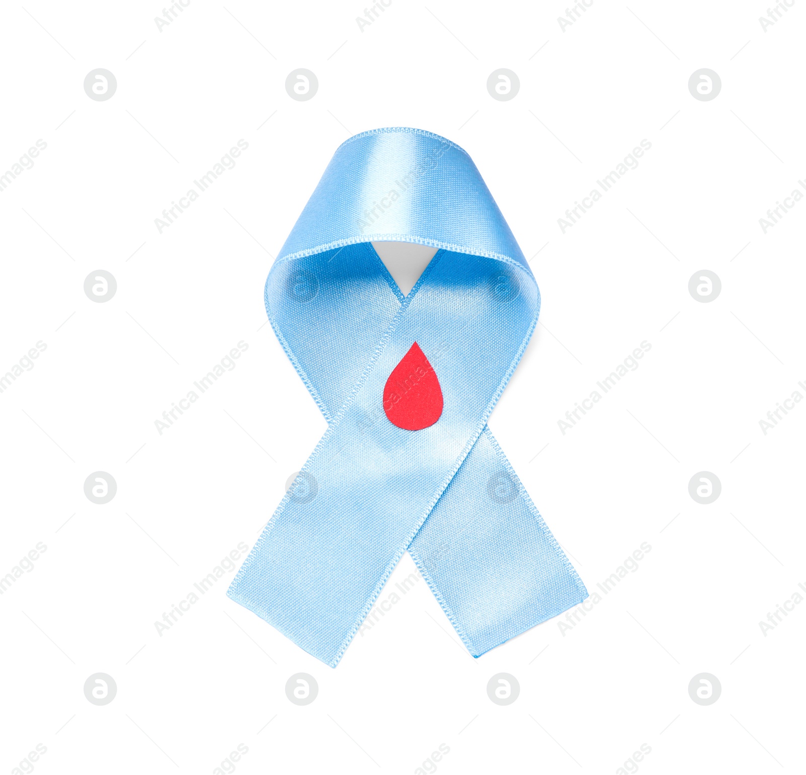 Photo of Light blue ribbon with paper blood drop on white background, top view. Diabetes awareness