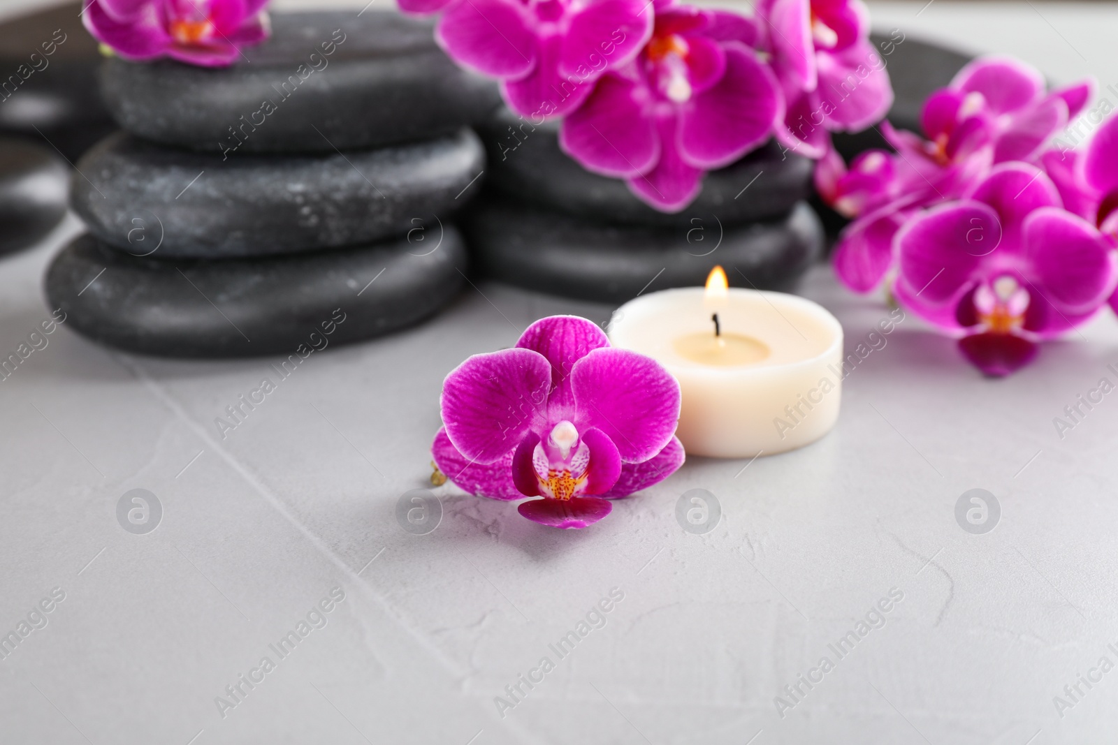 Photo of Spa stones, orchid flowers and candle on grey background