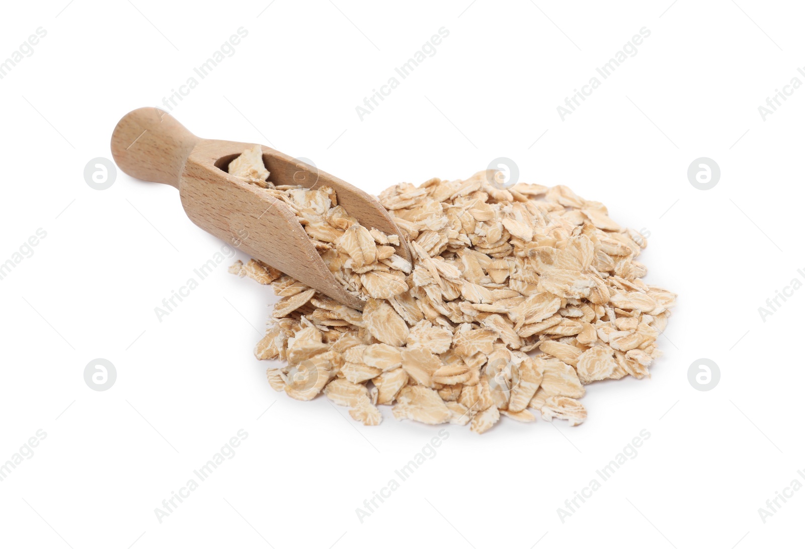 Photo of Wooden scoop with oatmeal isolated on white