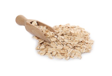 Photo of Wooden scoop with oatmeal isolated on white
