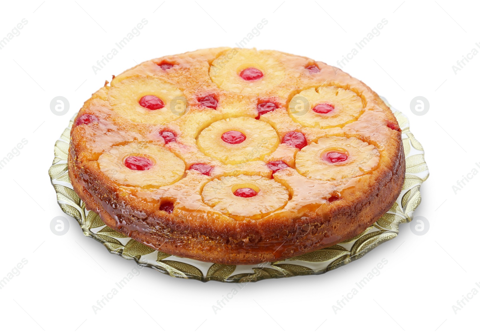 Photo of Tasty pineapple cake with cherries isolated on white