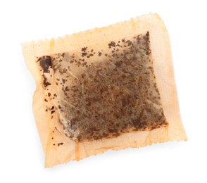 Photo of Used tea bag on white background, top view