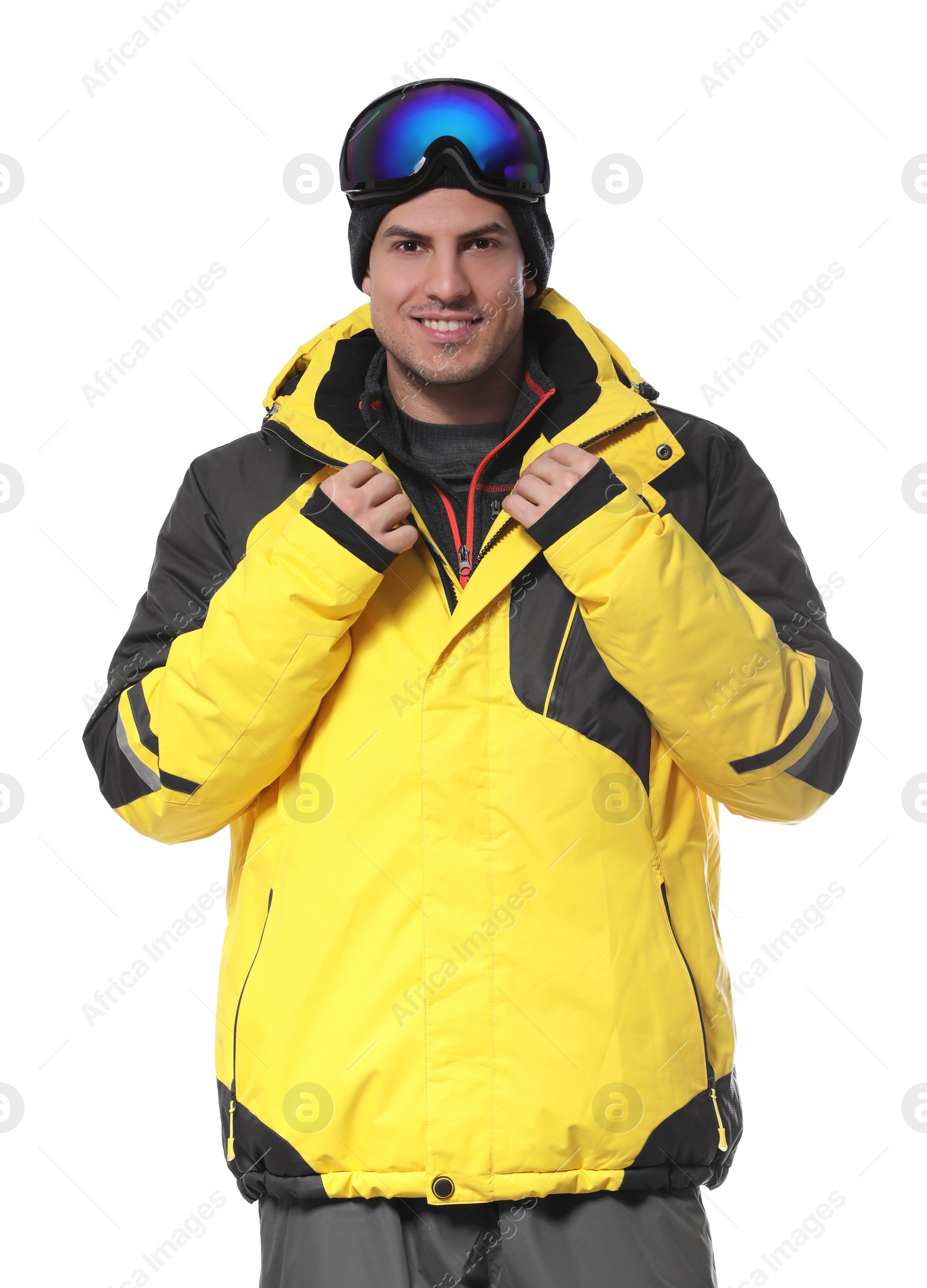 Photo of Man wearing stylish winter sport clothes on white background