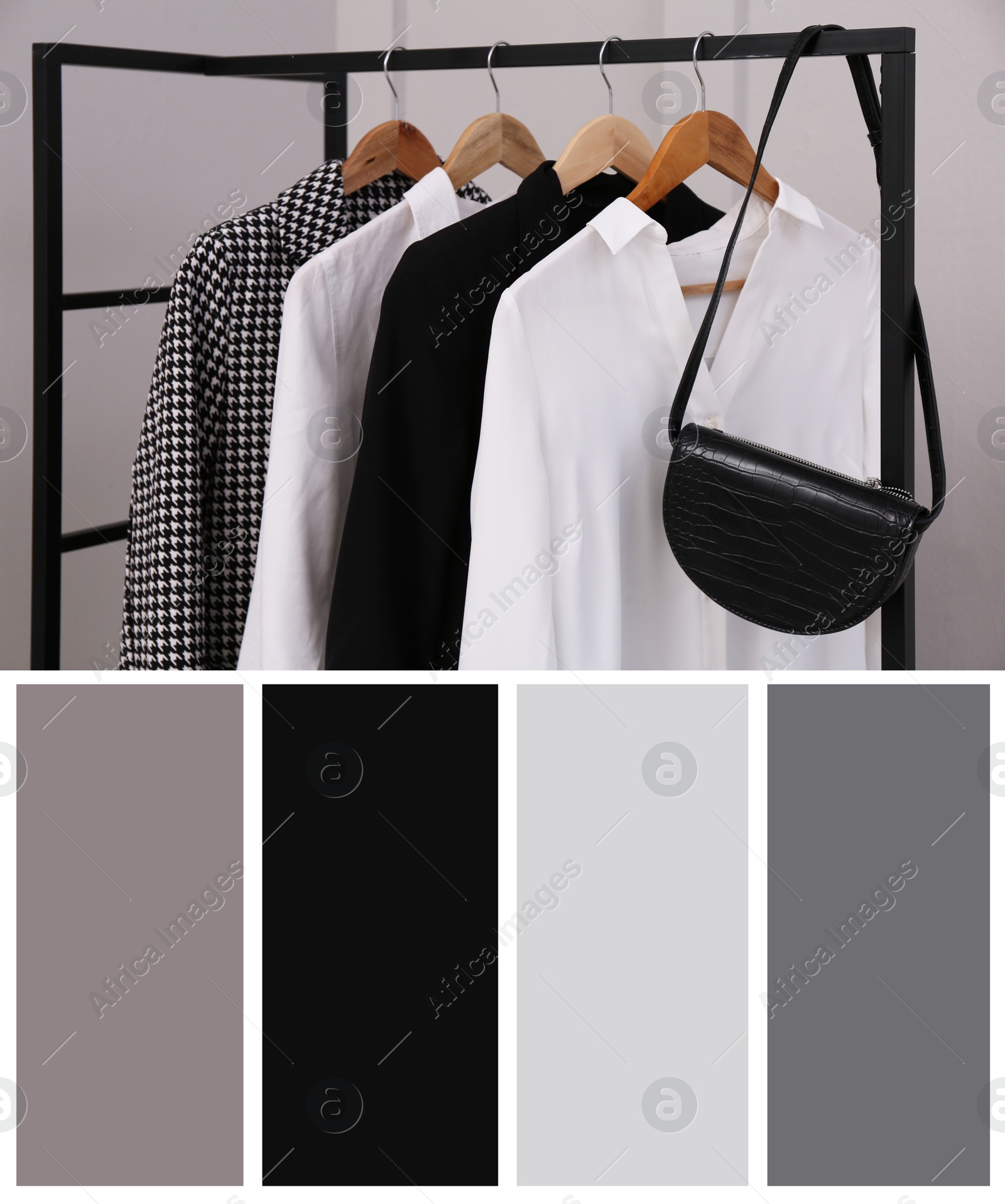 Image of Color palette appropriate to photo of stylish women's clothes on rack in room