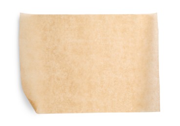 Sheet of brown baking paper on white background, top view