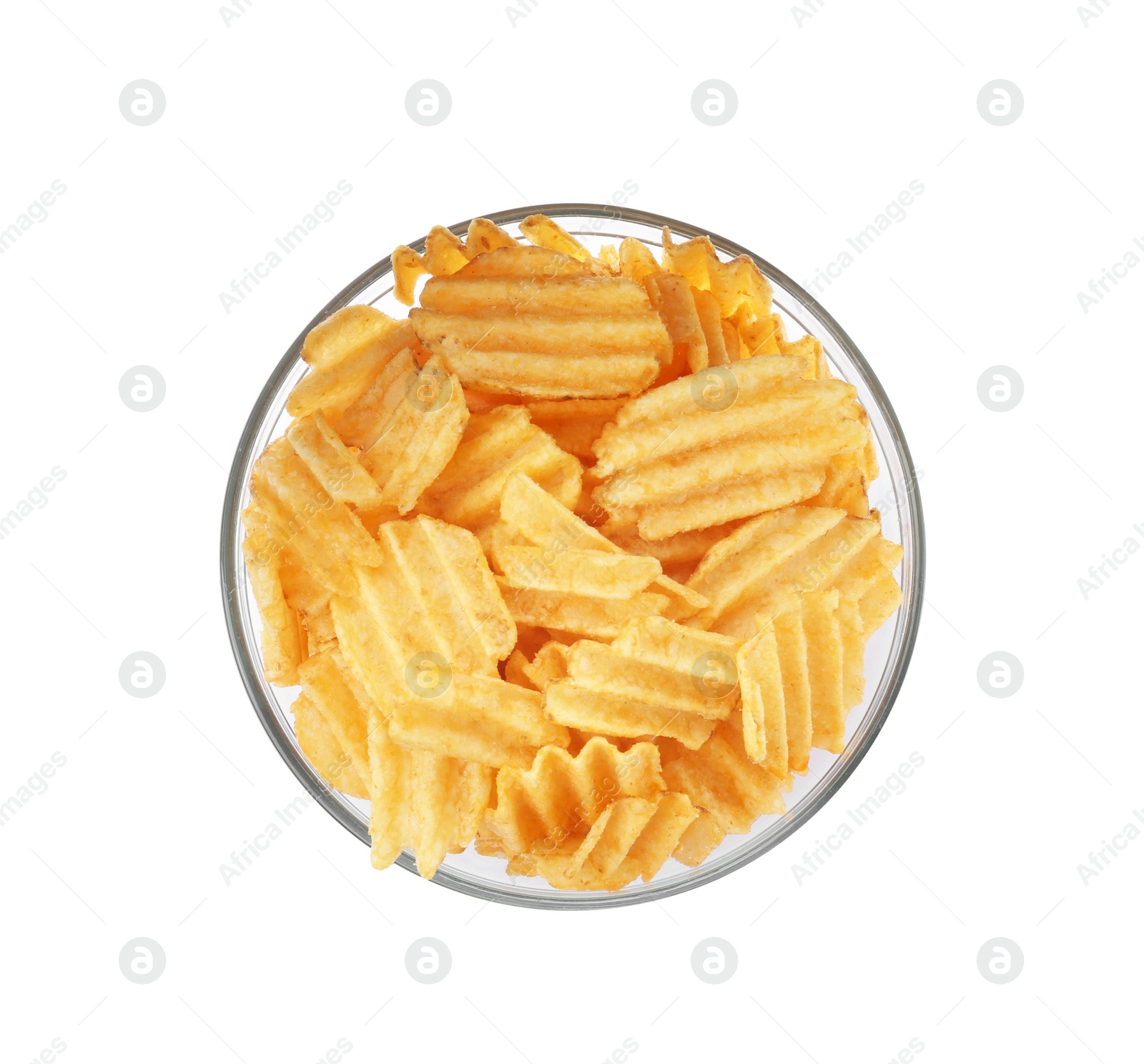 Photo of Bowl of tasty ridged potato chips on white background, top view