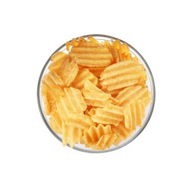 Bowl of tasty ridged potato chips on white background, top view