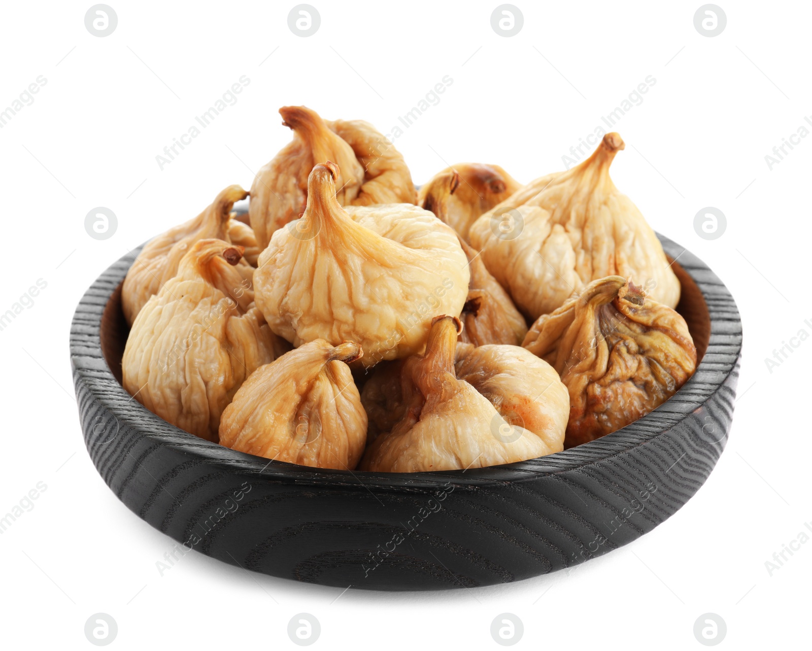 Photo of Tasty dried figs in plate isolated on white