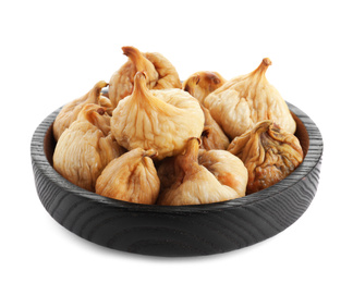 Photo of Tasty dried figs in plate isolated on white
