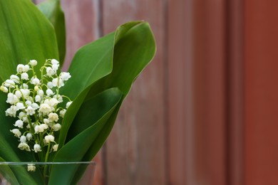 Photo of Beautiful lily of the valley flowers in glass vase against red wooden background, closeup. Space for text