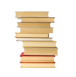 Photo of Stack of library books on white background